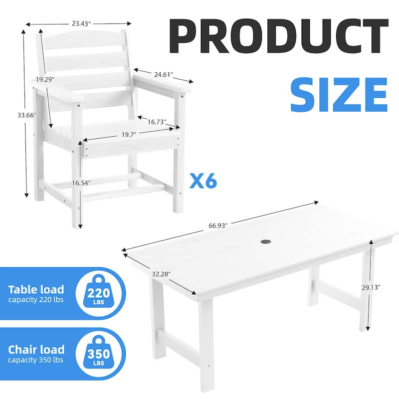 7-Piece HDPE Outdoor Dining Table Sets with Umbrella Hole - 1-Table 6-Chairs
