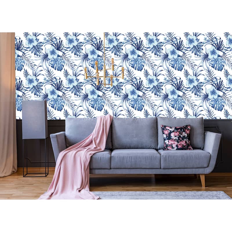 Hibiscus Plumeria Floral Blue Palm Leaves Removable Wallpaper - 24'' inch x 10'ft