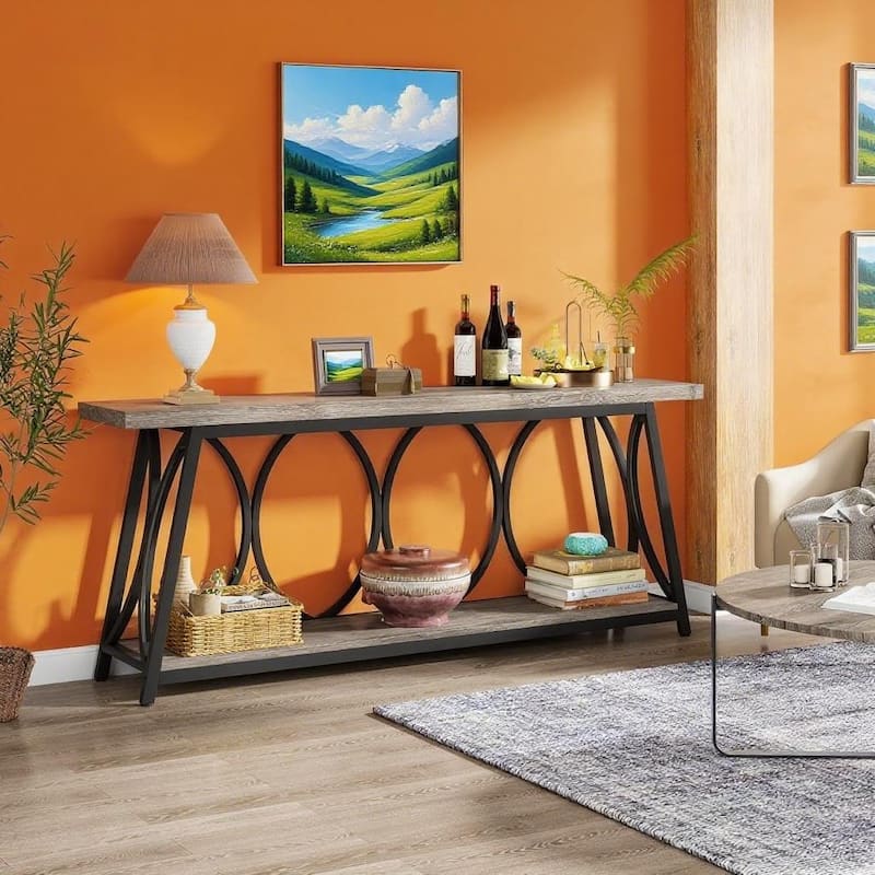 Particle Board Console Table Metal Frame with Shelf - 70.87” L x 11.81” W x 31.5” H - Grey-Black