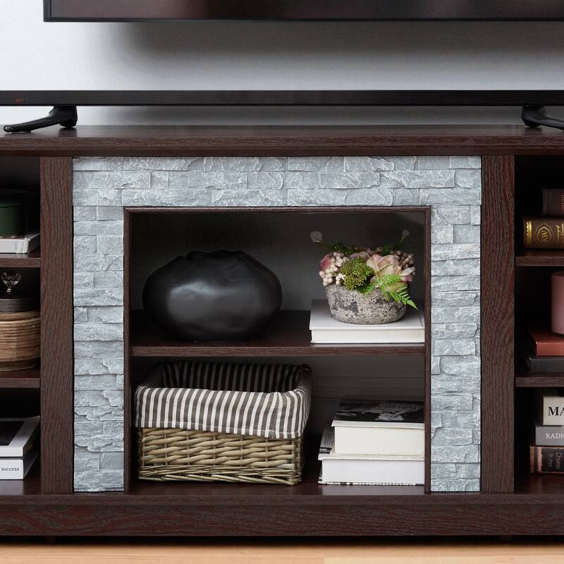 Mantel Stone 58" TV Stand with Faux Stacked Stone Surround, Modern Media Console with Open Storage & Cable Management