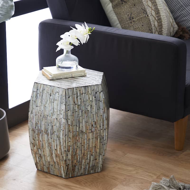 Mother of Pearl Shell Geometric Handmade Shell Mosaic Hexagon Accent Table with Brown Accents - Gray - Roche River Decor