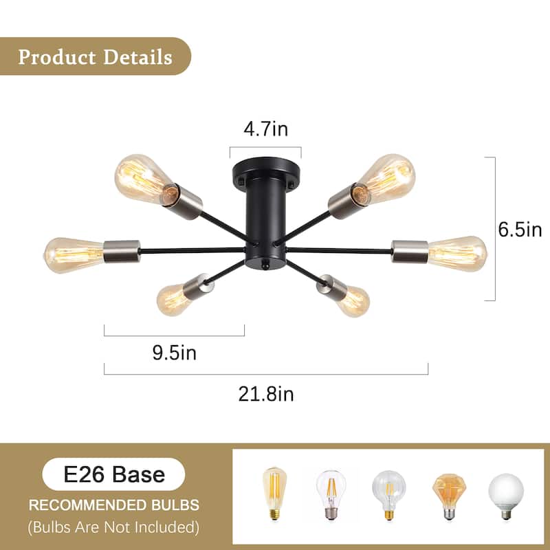 6-Light Mid Century Semi Flush Mount Chandelier for Dining Room