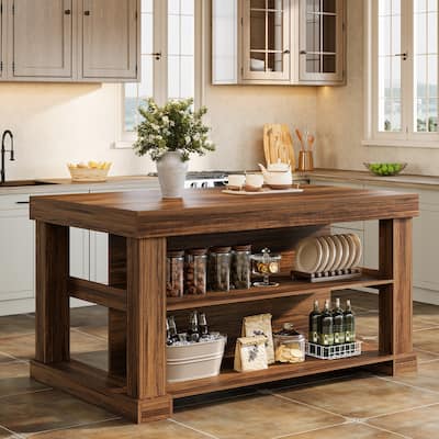 55-Inch Stationary Kitchen Island with Storage Shelves and Large Worktop, Farmhouse Style, Light Brown