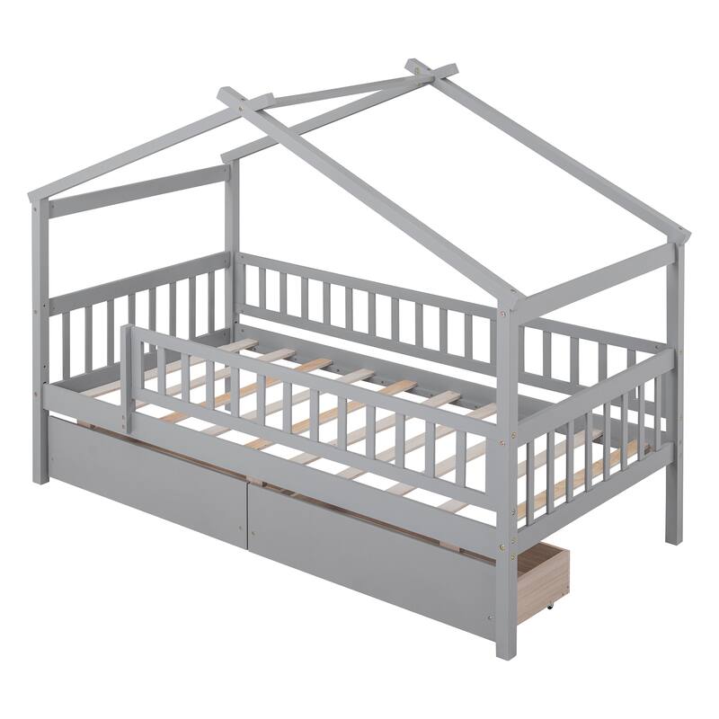 Wooden House Bed for Kids with Two Storage Drawers, Sturdy Twin Size Design