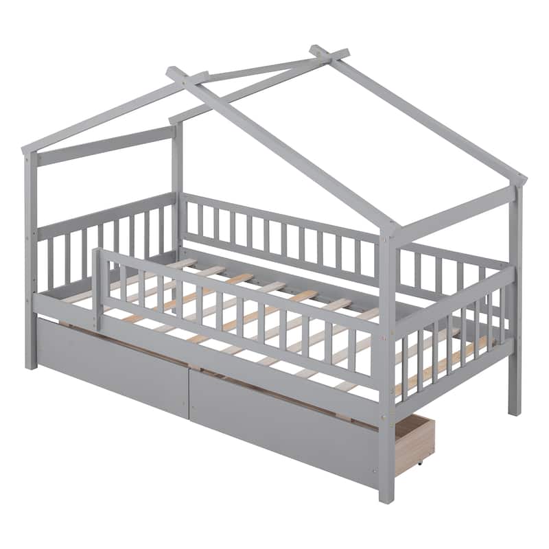 Wooden House Bed with Two Drawers and Fence
