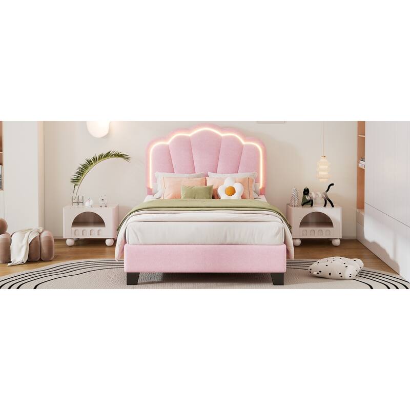 Twin Size Sherpa Fabric Upholstered Platform Bed with Floral Headboard and Wooden Slats