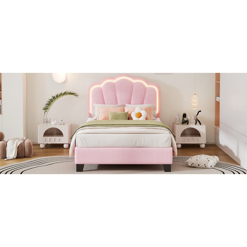 Twin Size Sherpa Upholstered Bed with Floral Headboard