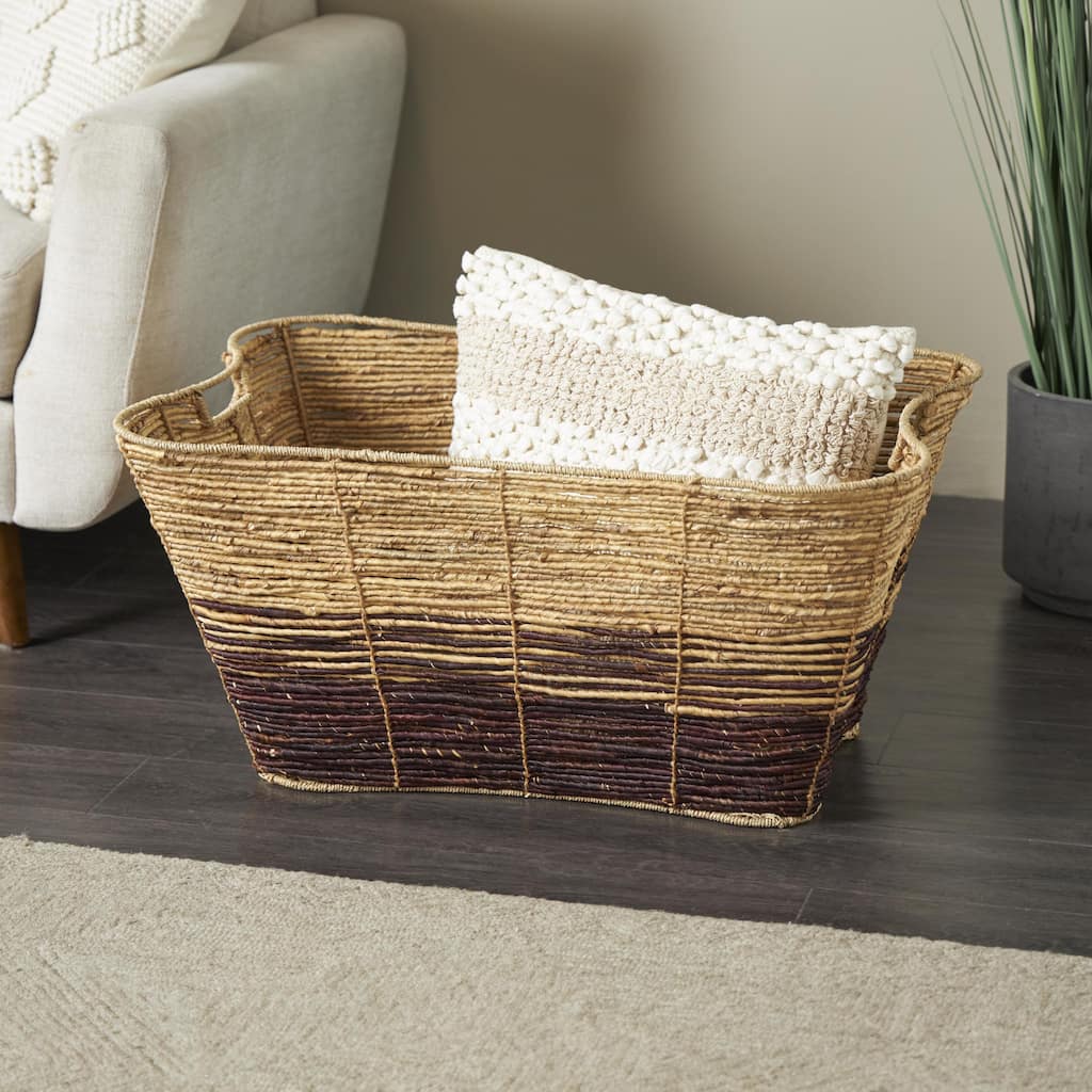 Brown Seagrass Handmade Oversized Color Block Decorative and Functional Storage Basket with Slot Handles - 20"W x 30"L x 15"H