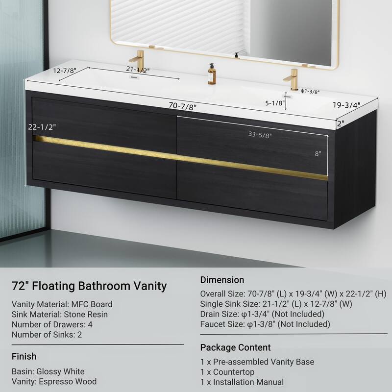 GDFStudio - Bennett 72-Inch Floating Bathroom Vanity with Stone Resin Basin and Soft-Close Storage Drawers