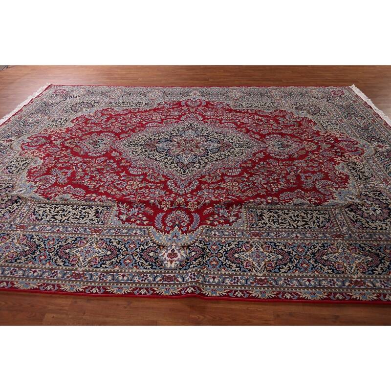 Traditional Red Kashan Turkish Area Rug Machine-Made Bedroom Carpet - 9'6" x 13'0"