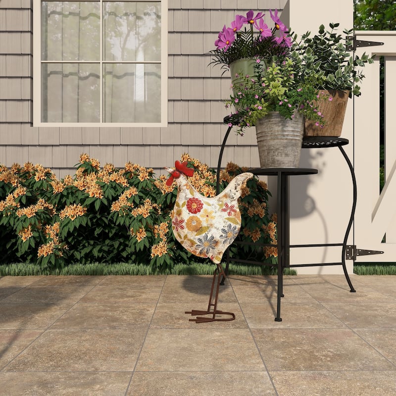 Metal Rooster Indoor Outdoor Distressed Standing Decorative Garden Sculpture - Green or Cream - Roche River Decor