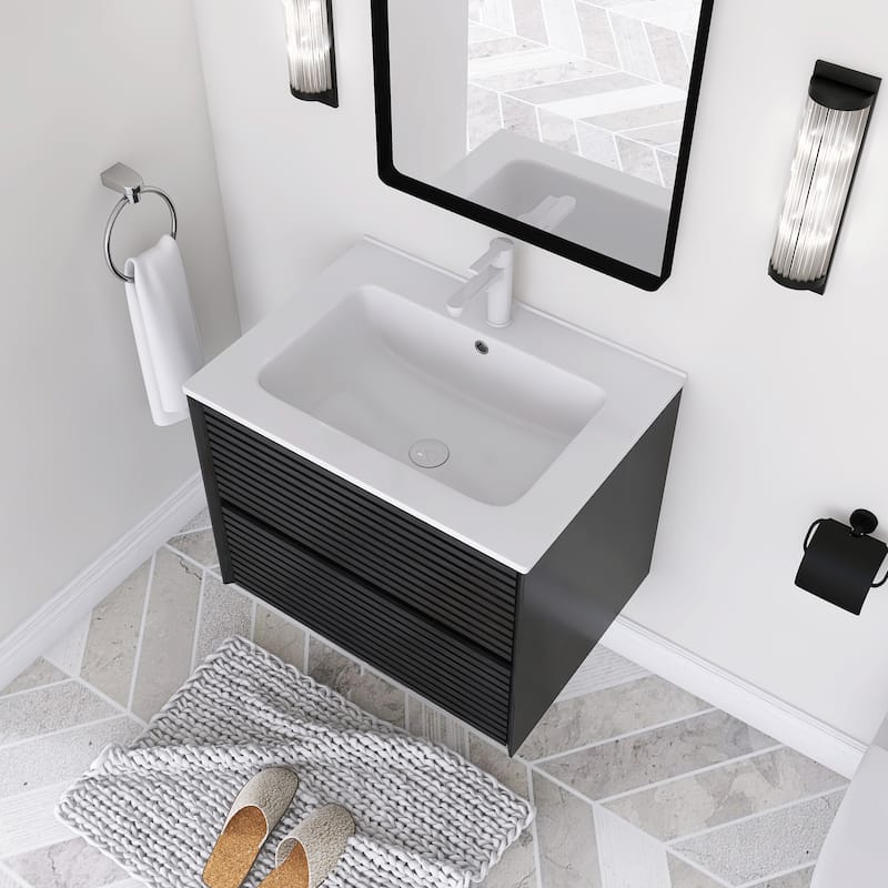 Wall-Mounted Bathroom Vanity with White Ceramic Sink