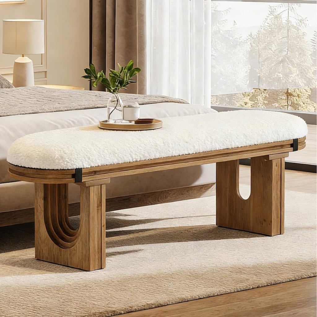 47.24" Solid Wood Upholstered Bedroom Bench, Bed End Entryway Bench for Hallway Living Room Kitchen