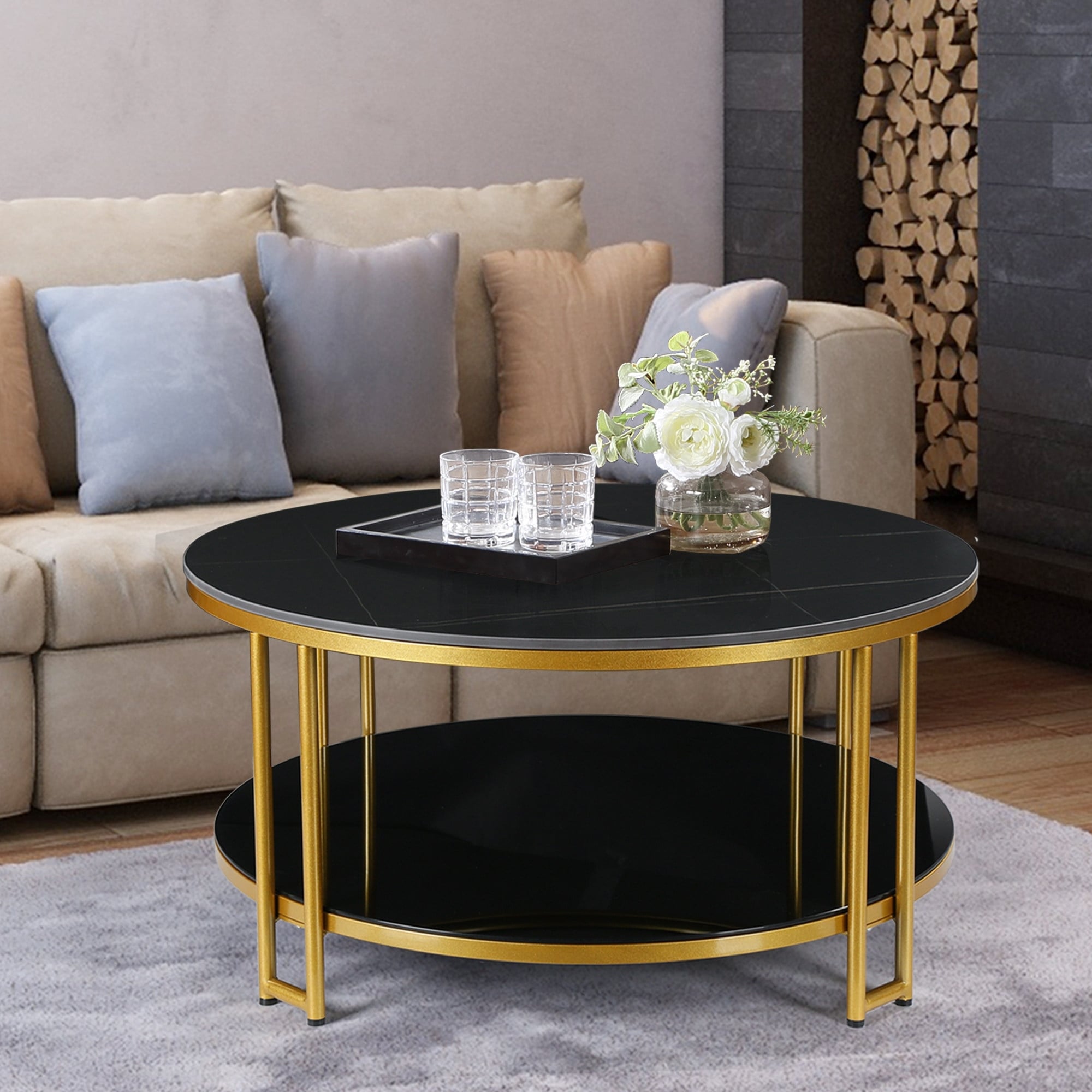 Marsie Modern Round Marble Coffee Table Two tier Black Gold Tempered Glass Storage Table Top 36 D x 17.5 H Black Brass