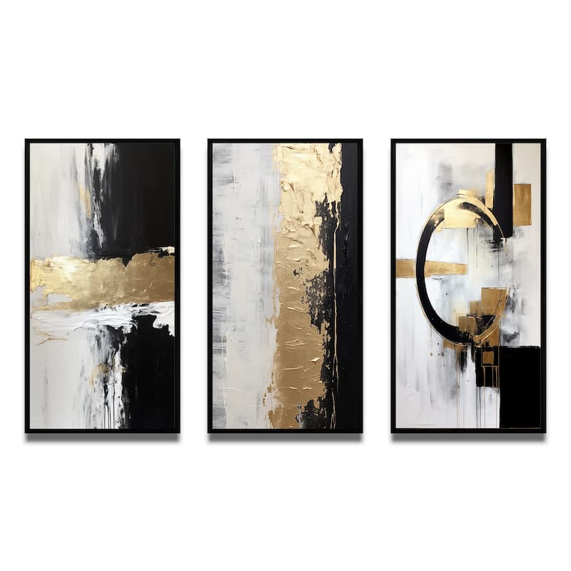 Designart "Horizontal Dimensions Abstract Gold Black" Abstract Painting Frame Gallery Set Of 3 For Office Decor
