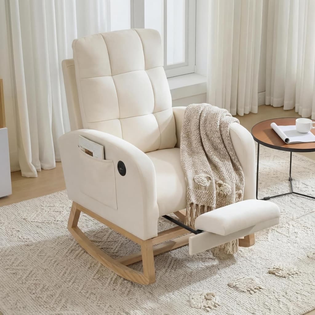Rocker Recliner Comfortable with Side Pocket, Footrest, Mid Century Upholstered Rocker Glider