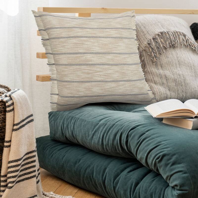 20" Taupe Brown and Blue Striped Square Throw Pillow with Fringe