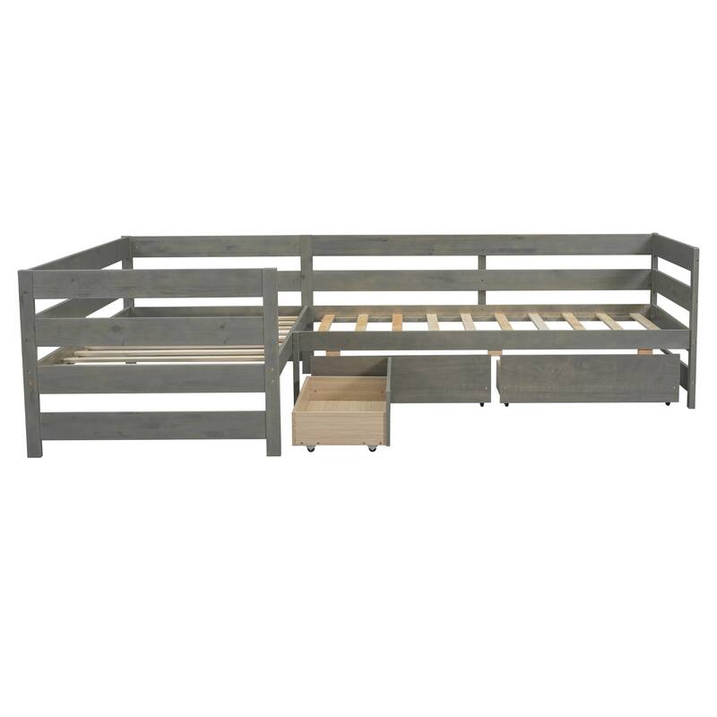 Twin Size L-Shaped Platform Bed With Three Storage Drawers