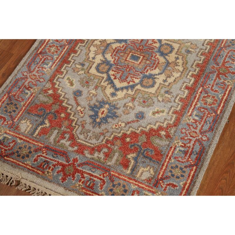 Hand Knotted Oriental 100% Wool Carpet Traditional Geometric Greys & Charcoal Heriz (serapi) Runner Rug - 7' 11'' X 2' 7''