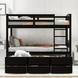 Twin over Twin Wood Black Bunk Bed with Trundle and Drawers