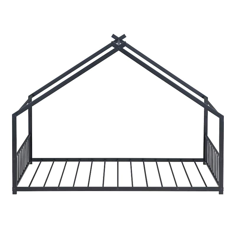 Black Twin Size Metal House Bed with Roof, Fence and Back for Kids, Boys and Girls, Bedroom