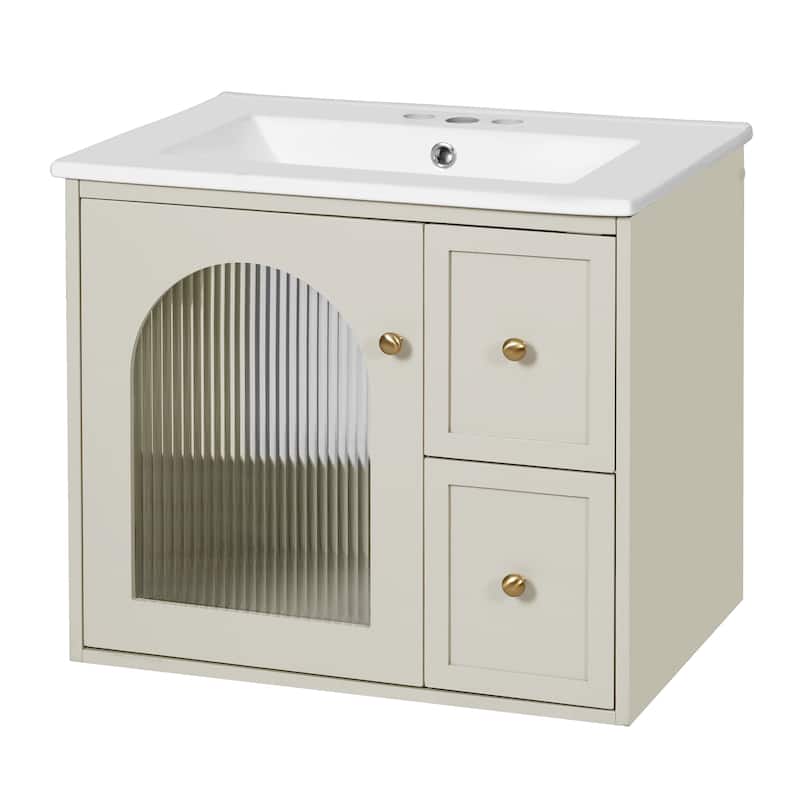 Roomfitters 24 Inch Wall Mounted Bathroom Vanity with Ceramic Sink, Floating Cabinet with 2 Drawers