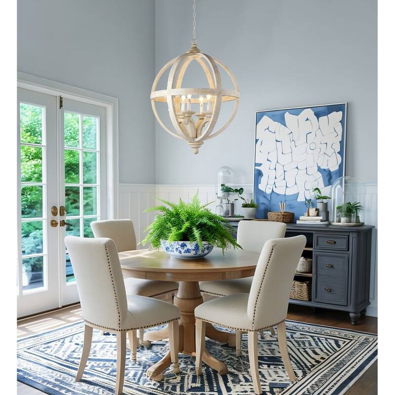 4-Light Farmhouse Wood Orb Chandelier - White
