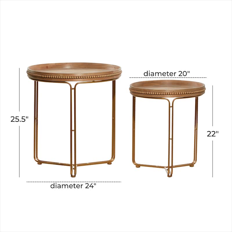 Wooden Round Beaded Nesting Accent Table - Set of 2 Brown - Roche River Decor - 24"Wx24"Lx26"H