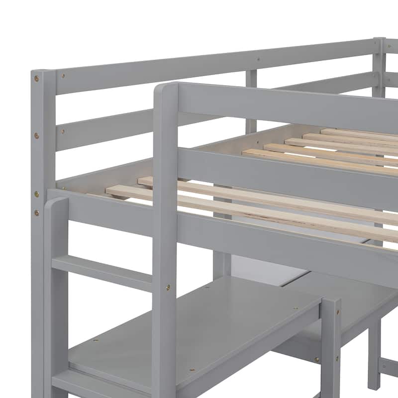 Space-Saving Twin Loft Bed with Study Desk, Shelves, and Guardrails
