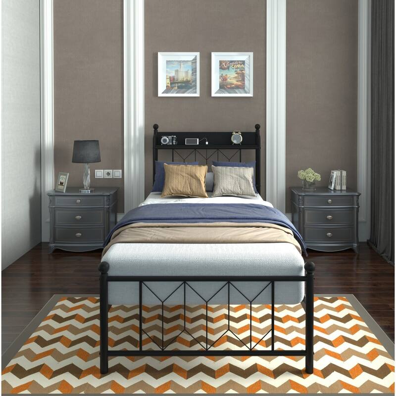 Twin Bed Frames with Charging Station & LED Light - Black