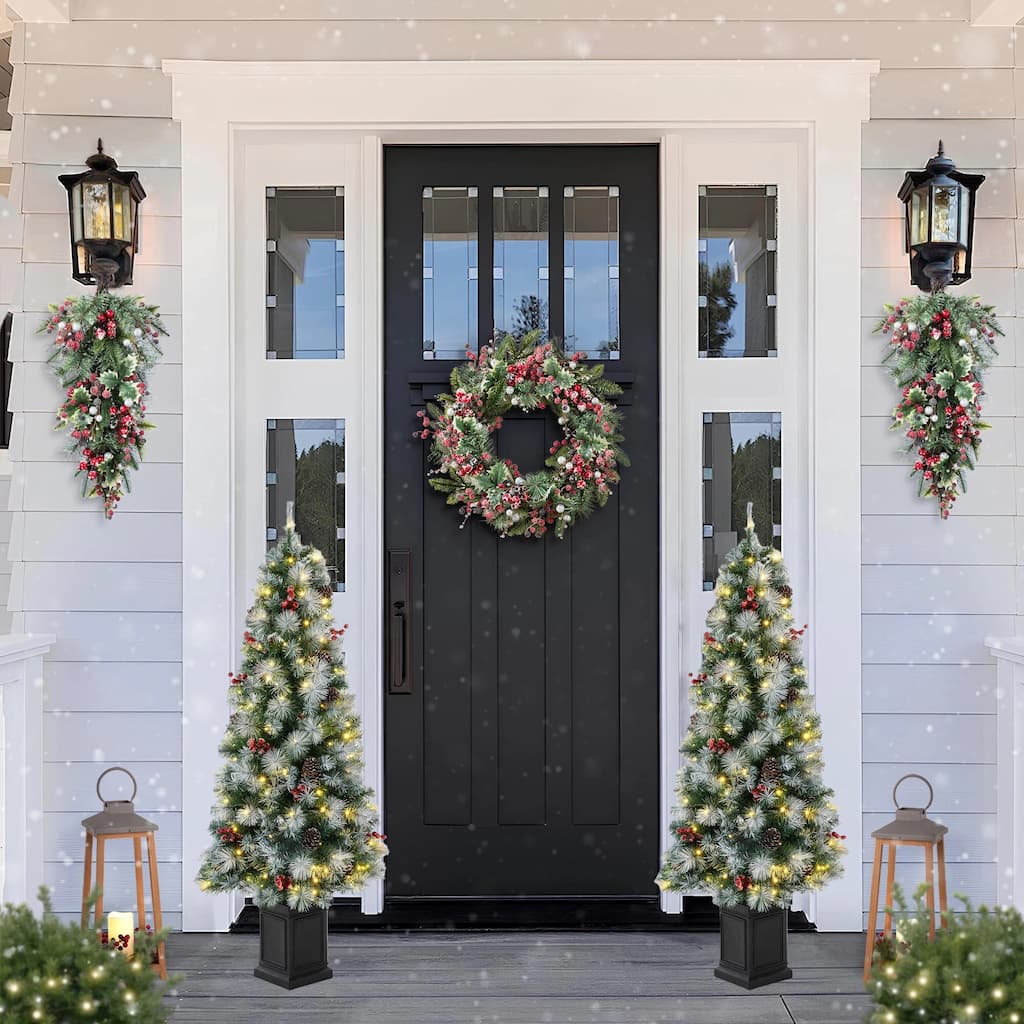 Glitzhome Christmas 5-Piece Set with Berry Leaf Wreath, Teardrop and 4/5ft Potted Trees for Entrance Decoration