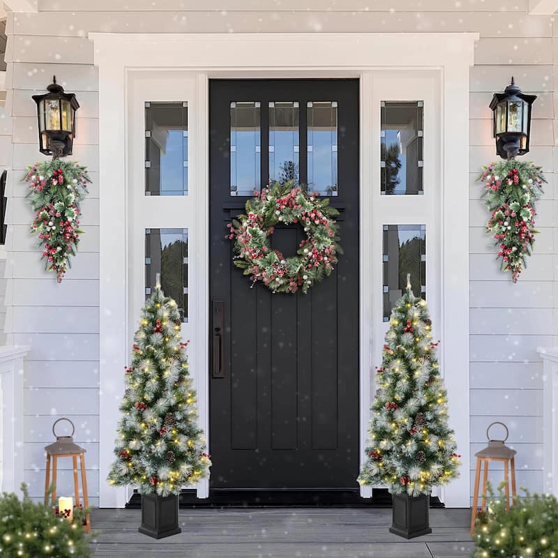 Glitzhome Christmas 5-Piece Set with Berry Leaf Wreath, Teardrop and 4/5ft Potted Trees for Entrance Decoration