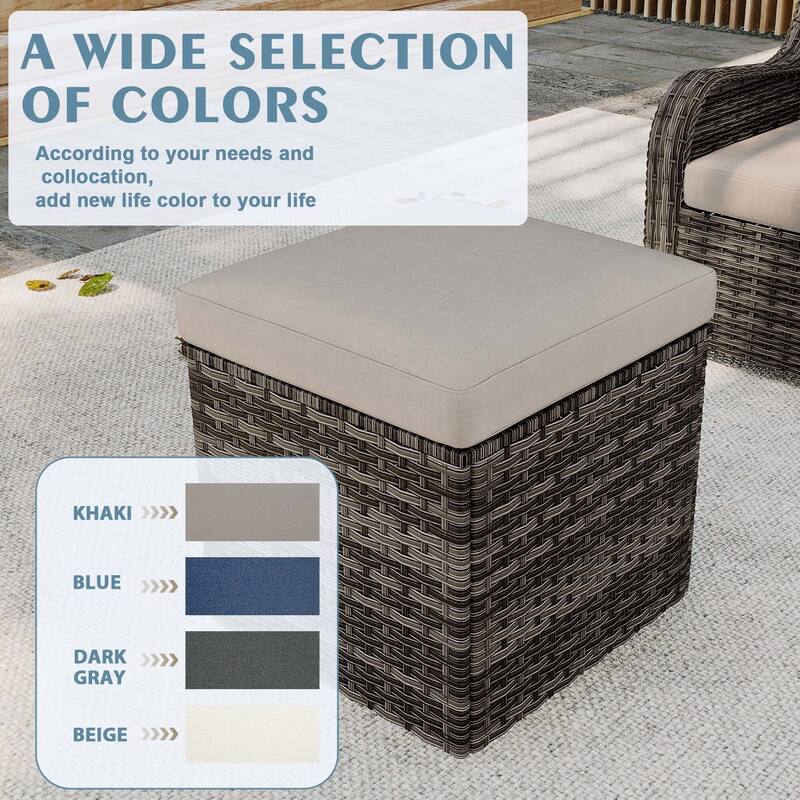 Outdoor Patio PE Wicker Ottoman with Cushion Set of 2