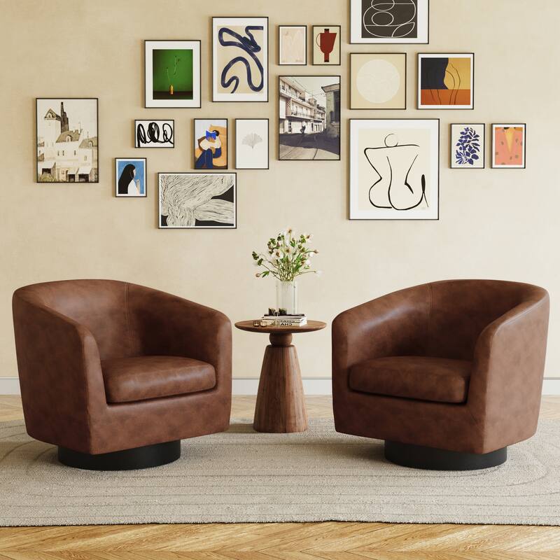 Faux Leather Accent Barrel Chair with Swivel Base