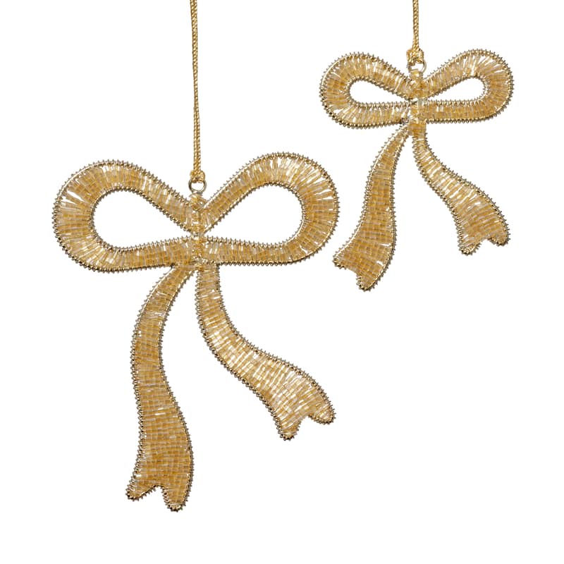 Holiday Decorative Beaded Gold Bow Hanging Ornaments, 12 Pieces (6 Sets of 2)