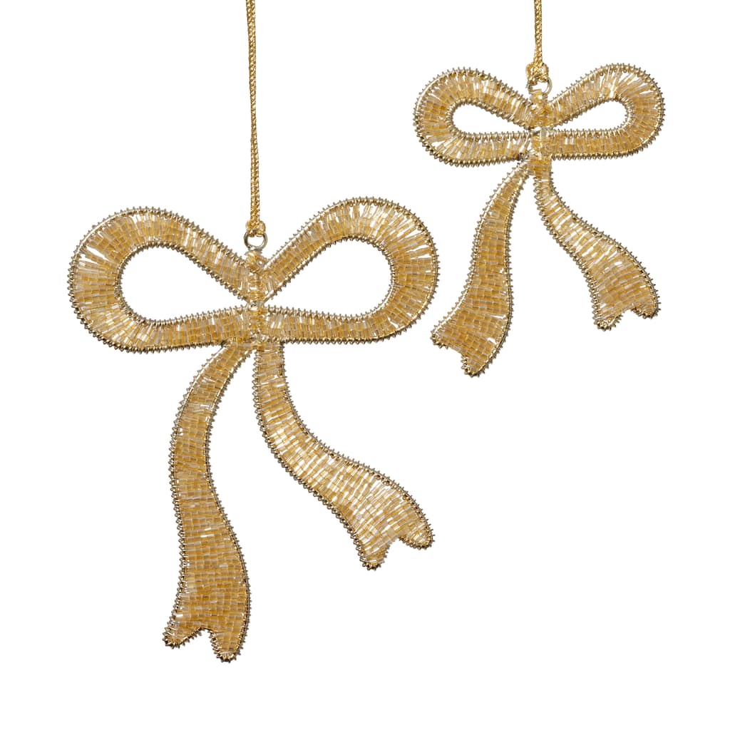 Holiday Decorative Beaded Gold Bow Hanging Ornaments, 12 Pieces (6 Sets of 2)