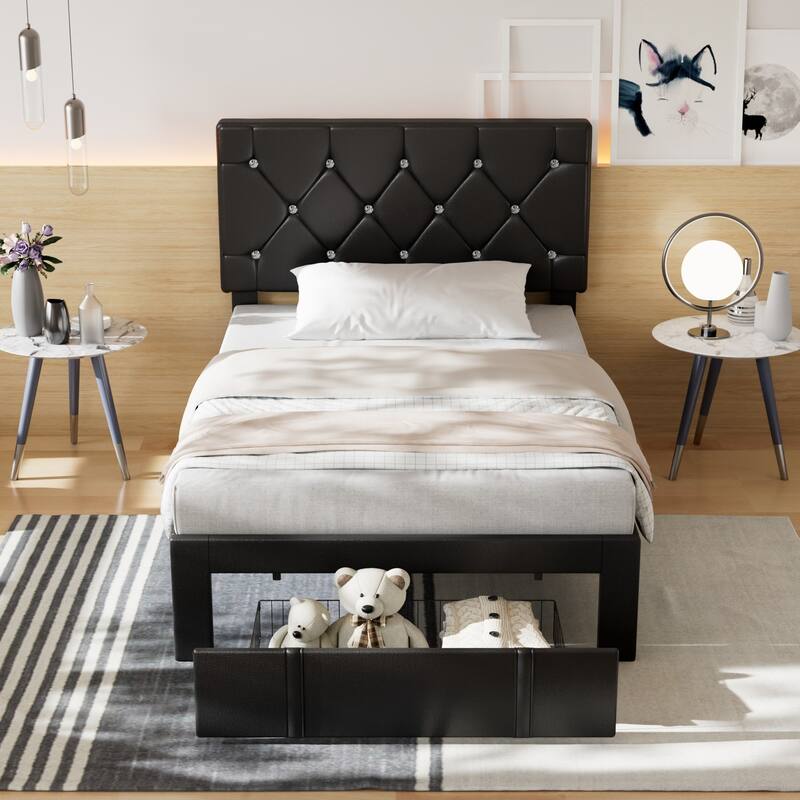 Javlergo Twin/Full/Queen Size Bed Frame with Headboard Upholstered Tufted PU Leather Platform Bed Frame with 4 Storage Drawers - Black - Twin