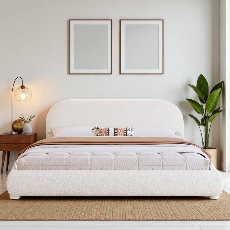 Modern Fabric Upholstered Bed with Curved Headboard, Strong Metal Frame, Queen/King Size Platform Bed - Green - Queen