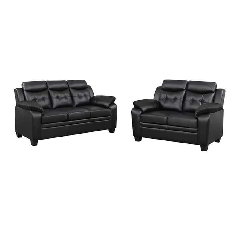Finie 2 Piece Sofa and Loveseat Set, Black Faux Leather, Soft Foam