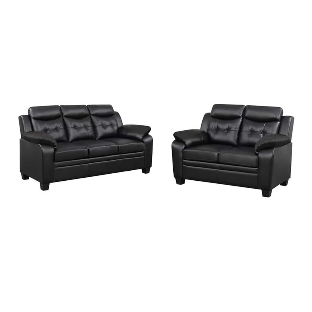 Finie 2 Piece Sofa and Loveseat Set, Black Faux Leather, Soft Foam