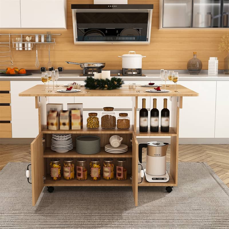 Multi-Functional Folding Table Kitchen Island with Storage Shelves and Wheels