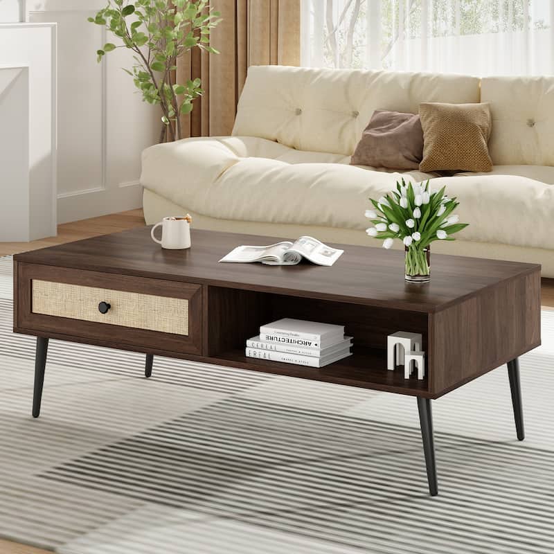 Modern Coffee Table, 47 Inch Rectangle Console Table with Drawer & Shelf, Wooden Coffee Table for Living Room, Office