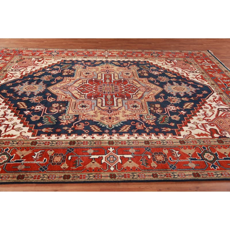 Navy Blue Heriz Serapi Indian Area Rug Handmade Wool Carpet - 9'0" x 11'10"