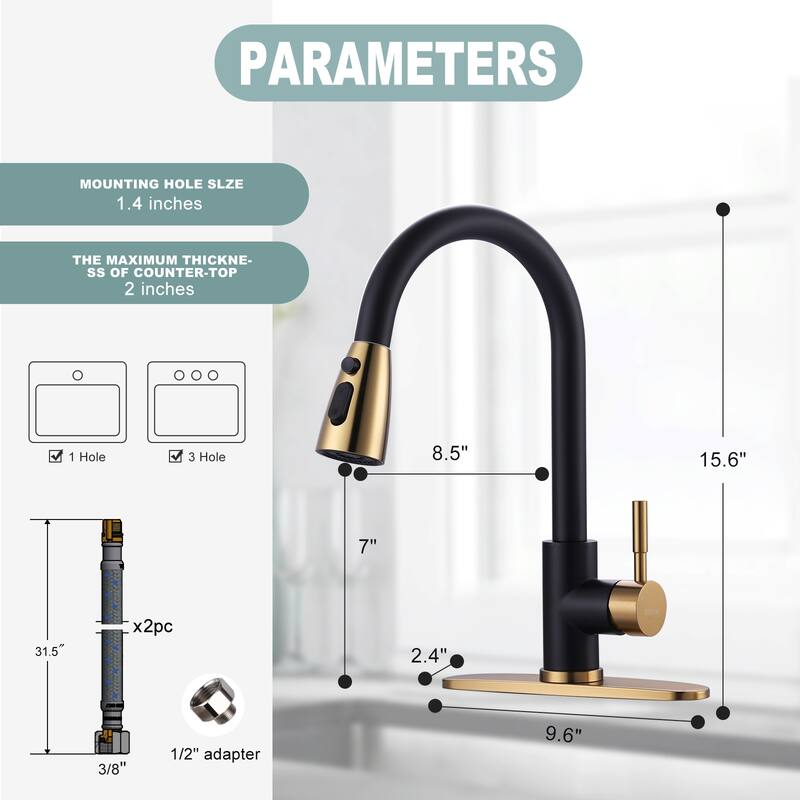 WOWOW 3-Function Pull down Sprayer Kitchen Faucet with Deckplate