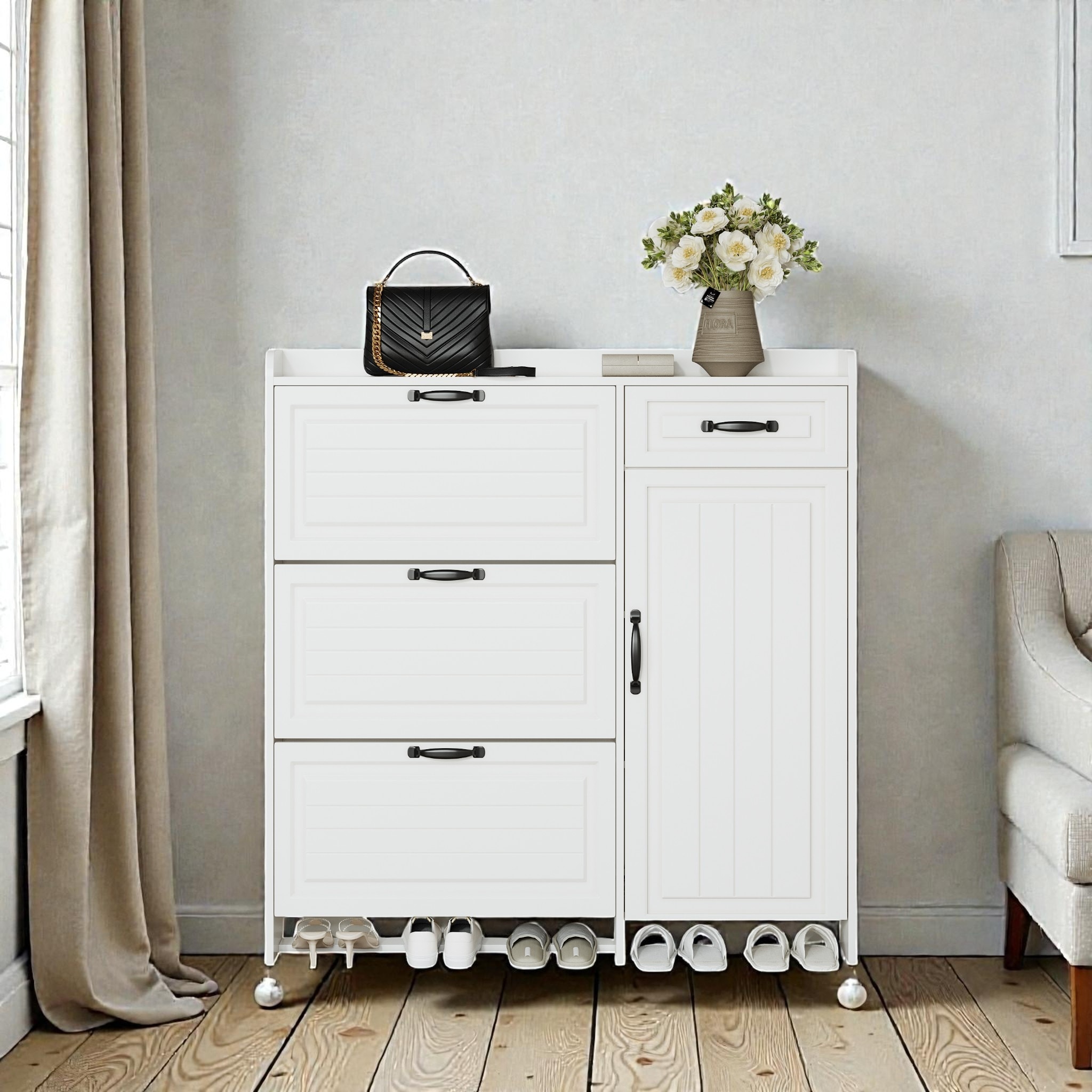 Freestanding Shoe Cabinet With Multiple Flip Doors and Drawer Narrow Shoe Storage Organizer With Adjustable Shelves