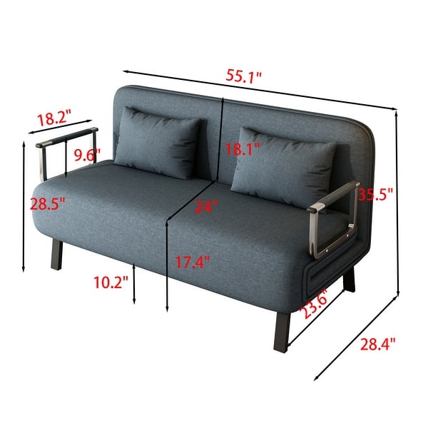 dimension image slide 1 of 5, 55-Inch Convertible Tri-Fold Sofa Bed With Adjustable Backrest, Pillow, And Chaise Lounge