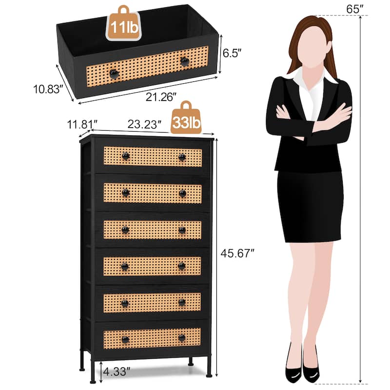 6-Drawer Chest Faux Rattan Fabric Drawers Dresser Storage Cabinet Bedroom Organizer