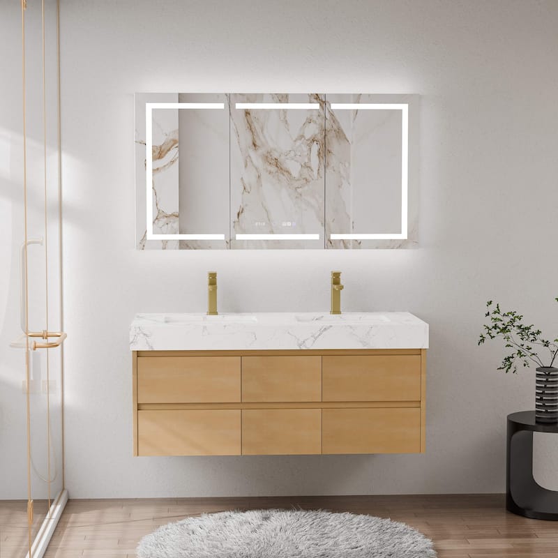 Modland 48" Floating Bathroom Vanity with Single/Double Sink, Modern Maple Wood Wall Mounted Vanity with Marble Countertop - 48 Inch - Double Sink