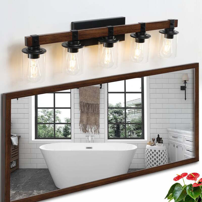 35" Rustic 5-Light Vanity Light, Industrial Bathroom Wall Sconce with Glass Shades and Wood Accent (No Bulbs) - Walnut
