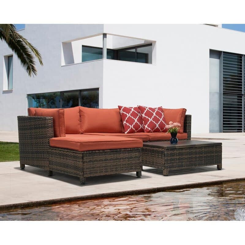 3 Pieces Wicker Patio Outdoor Sectional Set - Orange